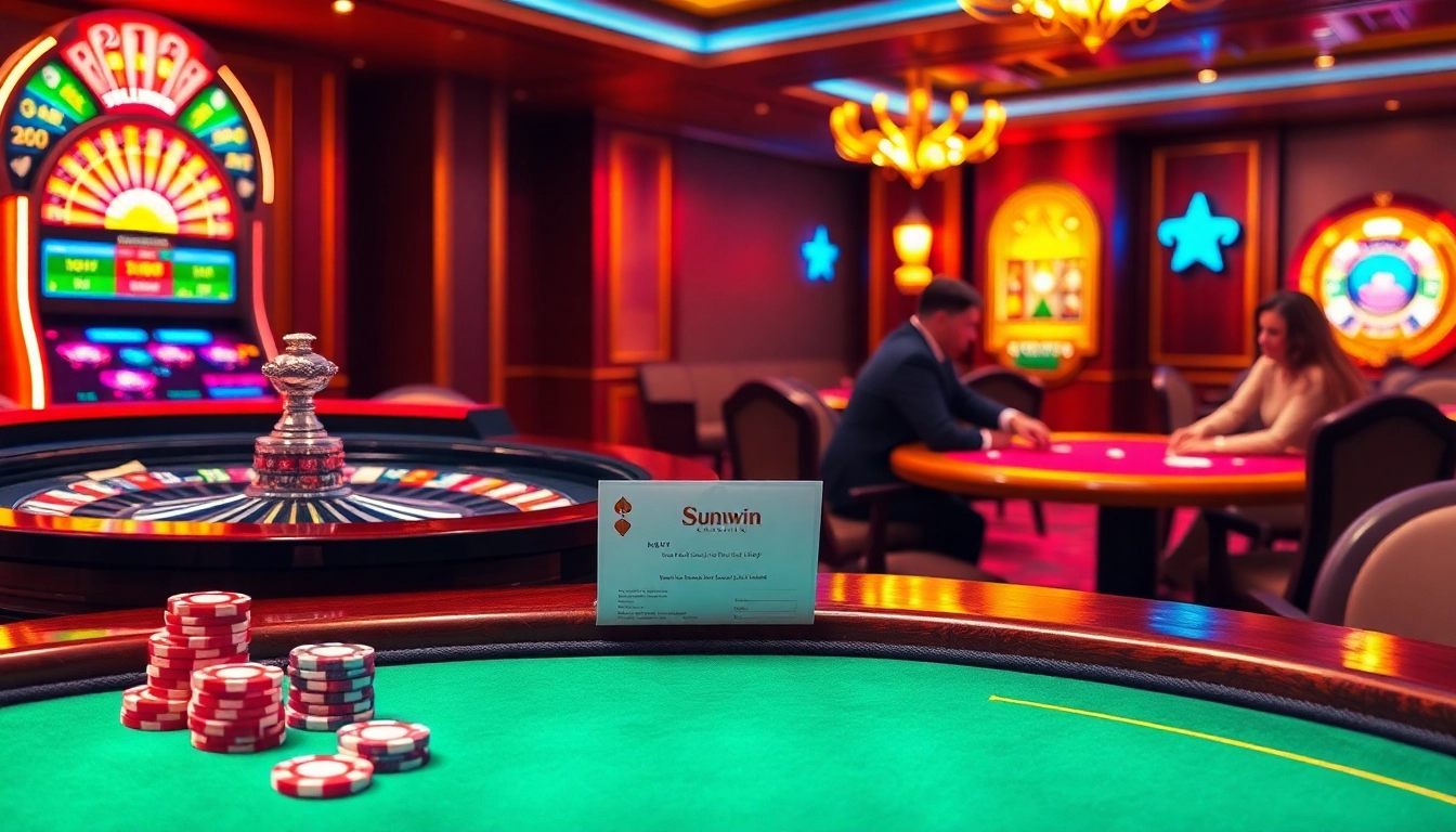 Players engaging in a high-stakes poker game at a sunwin casino, highlighted with vibrant chips and roulette.