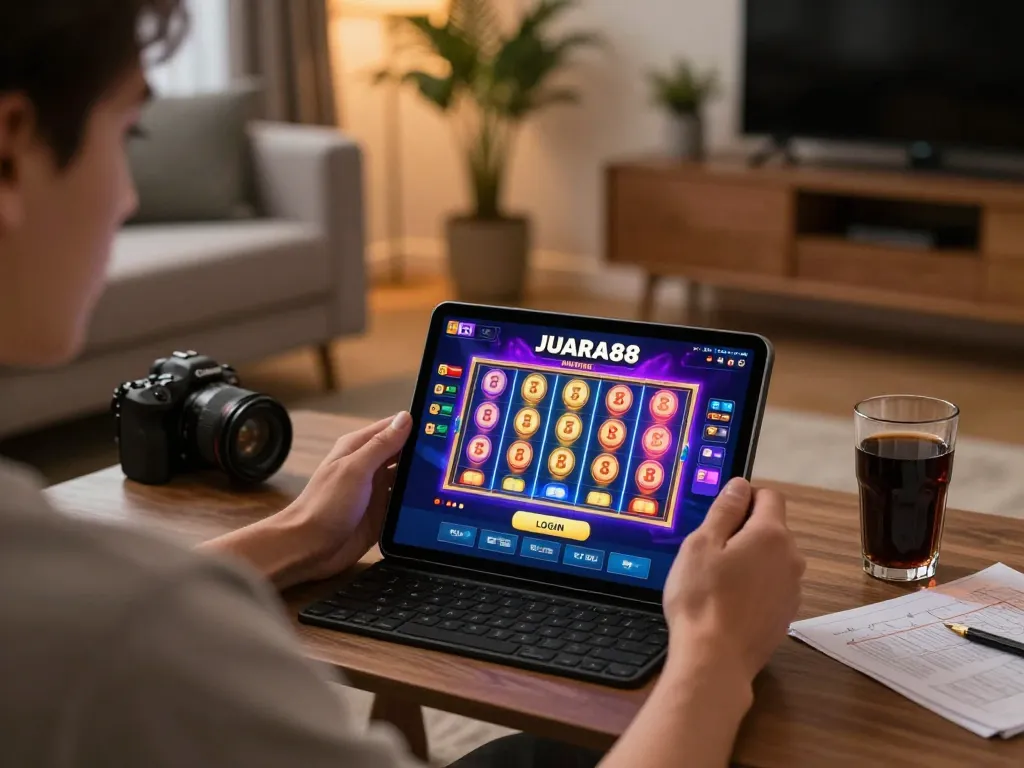 Engaged player accessing JUARA88 LOGIN on tablet, enjoying vibrant online slots game in modern living room.