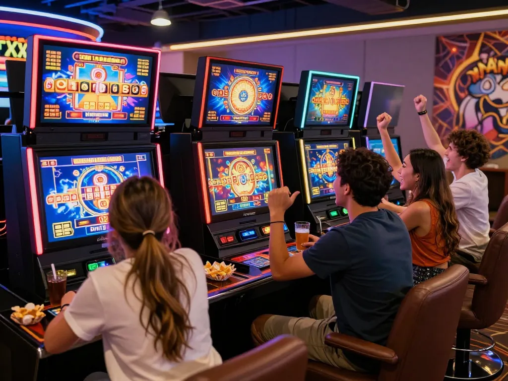 Players enjoying slot gacor hari ini at an online casino, celebrating wins and engaging with colorful digital graphics.