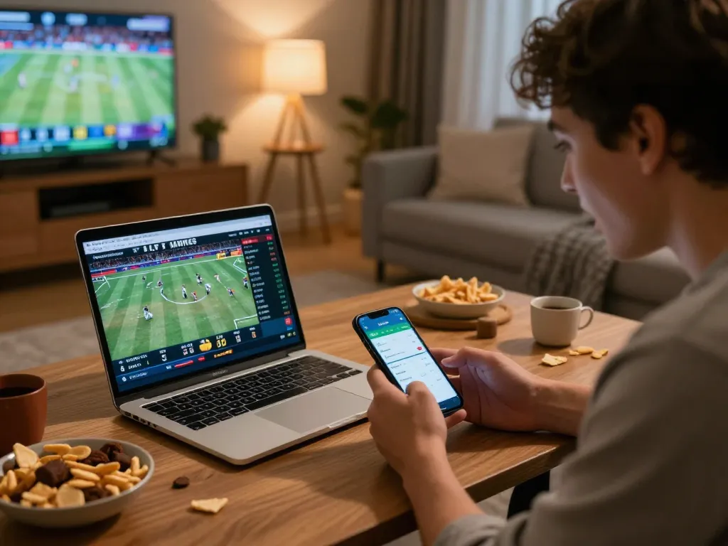 Excited sports betting enthusiast checking Keo nha cai odds on a laptop at home