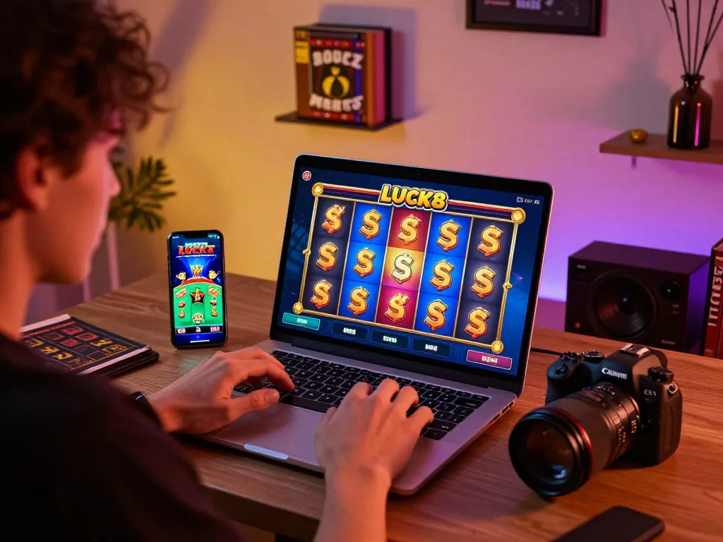 View of online casino gaming session showing Khung giờ nổ hũ LUCK8 on a laptop screen.