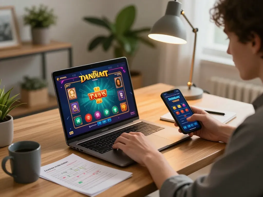 Engaging online gaming moment at home featuring okfun interface on laptop.