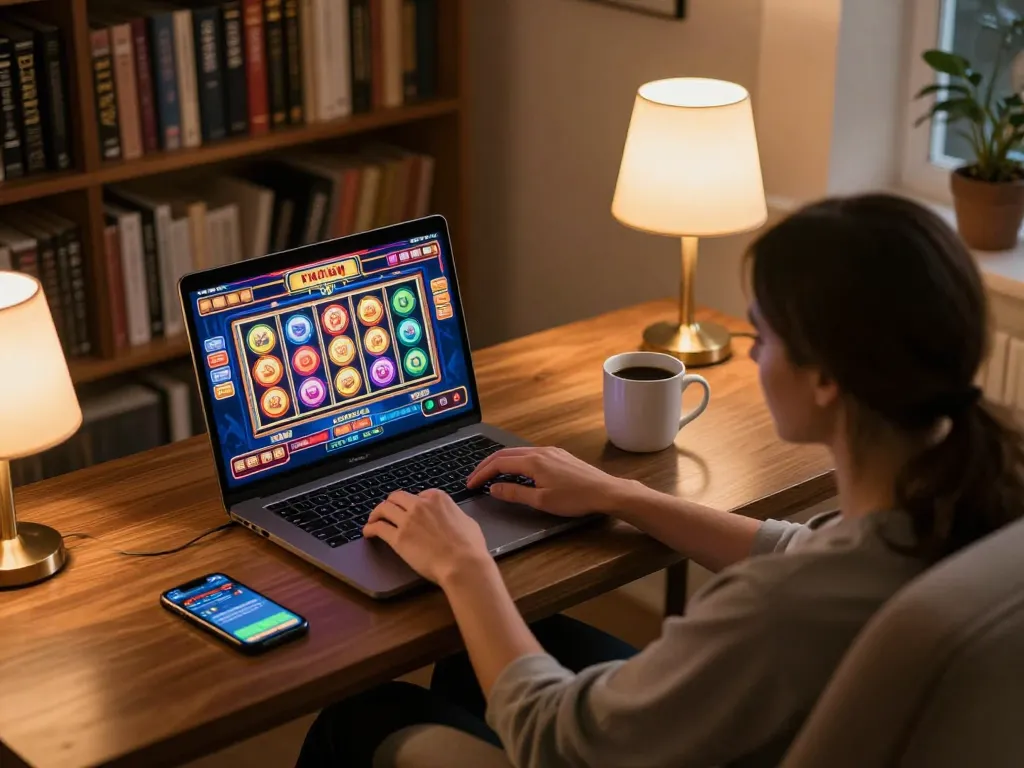 Engaging online gaming experience at https://lv88cha.com/ featuring a player on a laptop with vibrant slots