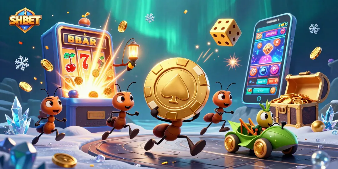 Experience the thrill of SHBET with a dynamic heist scene featuring cartoon ants and casino elements.