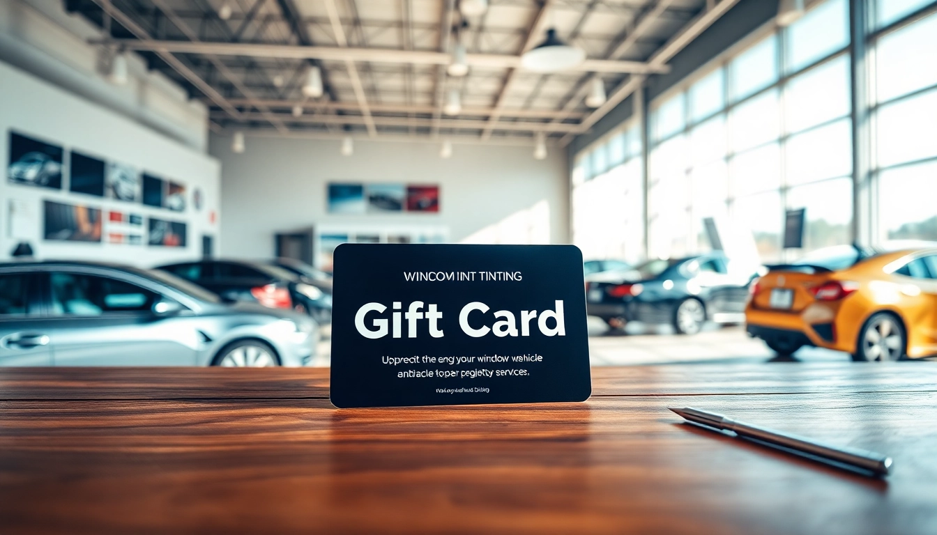 Gift card offering window tint gift card services, prominently placed on a wooden table among vehicle accessories.
