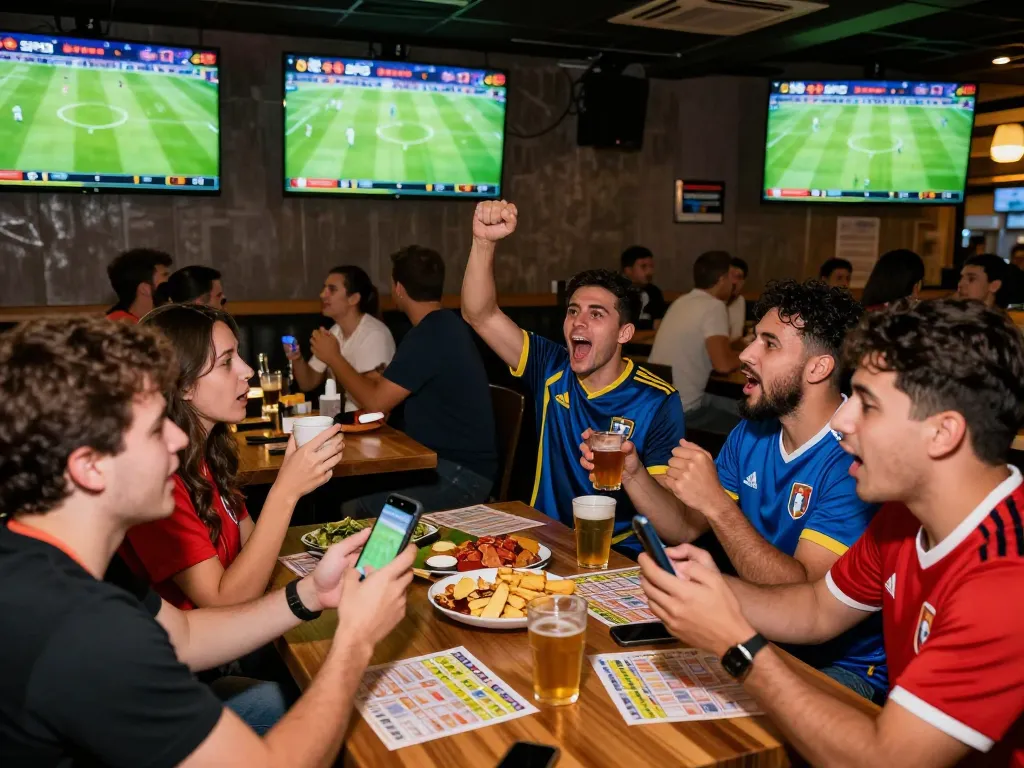 Para penggemar terlibat dengan skor langsung SPBO 1 sambil menikmati pertandingan sepak bola di bar olahraga yang ramai.