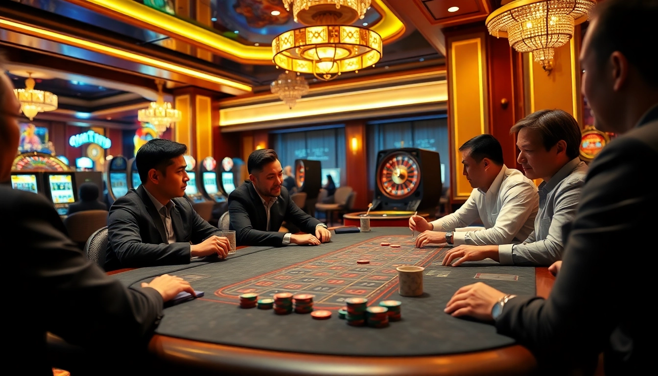 Players engaging at a luxurious poker table, showcasing gamebaidoithuong coffee elements in a thrilling casino atmosphere.