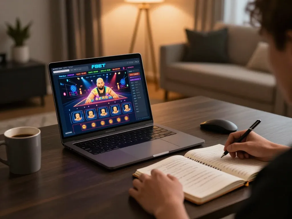 Engaging player using the F8BET platform on a laptop, illuminated by warm ambient light.