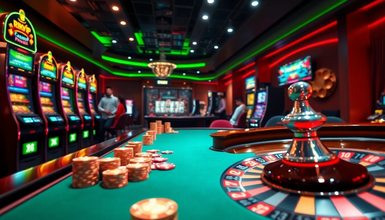 Engaging gamblers at Rikvip with vibrant casino tables, slot machines, and roulette wheels.