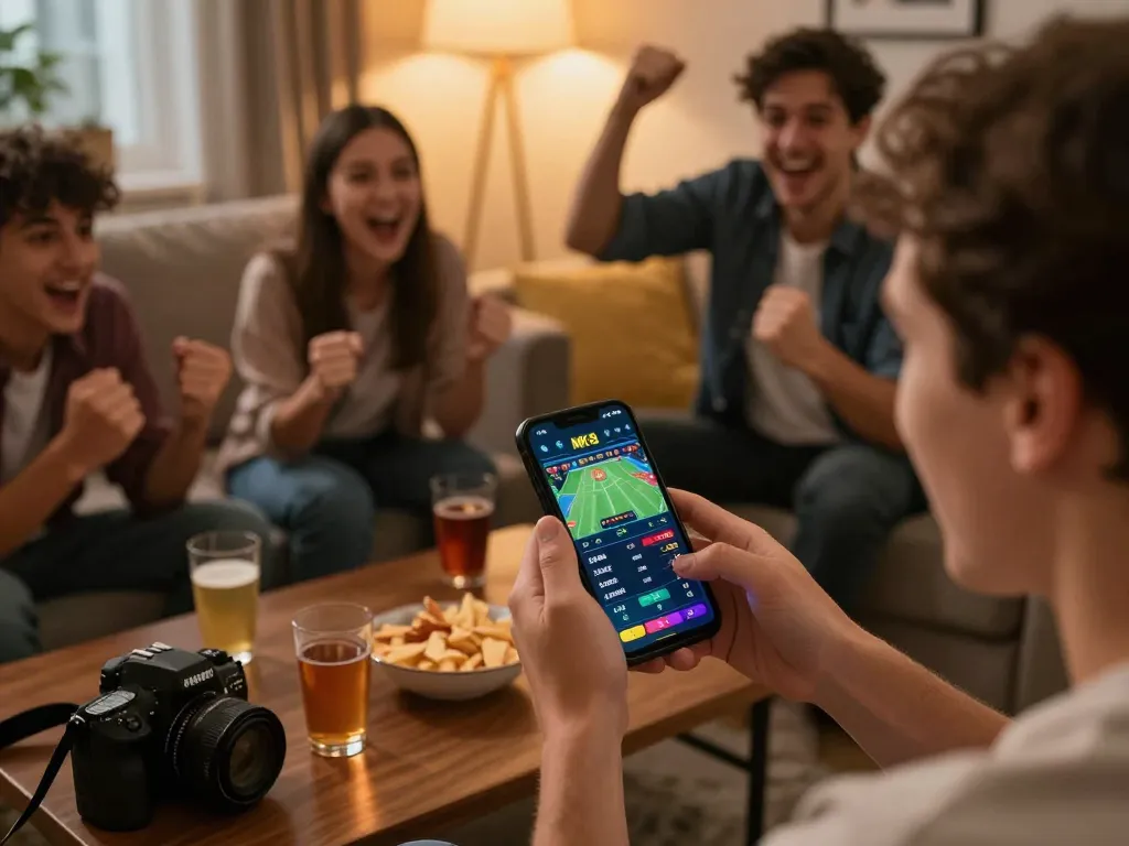 Exciting social betting moment on MK8 with friends analyzing live sports odds.