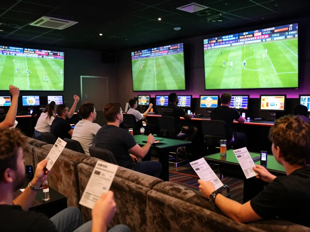 Kết quả bóng đá displayed in a lively sports betting lounge with enthusiastic fans.