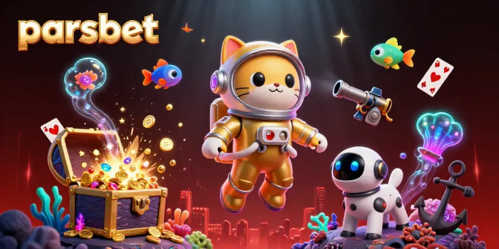 Parsbet ile ilgili kedi astronotu ve robot köpeği içeren eğlenceli bir uzay casino sahnesi.