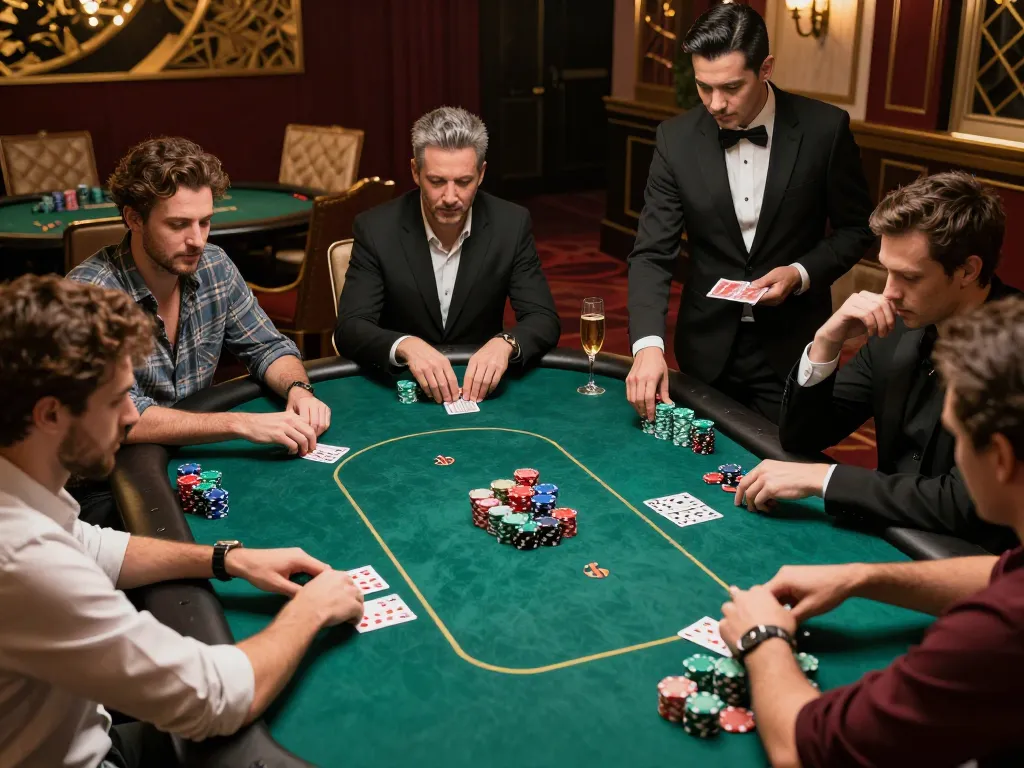 Engage in strategic poker gameplay at Jagoan86's luxurious casino tables with vibrant chip stacks.