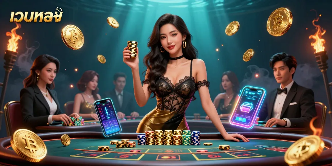 Engage with เว็บตรง casino excitement at a VIP baccarat table, where a confident player holds golden chips.