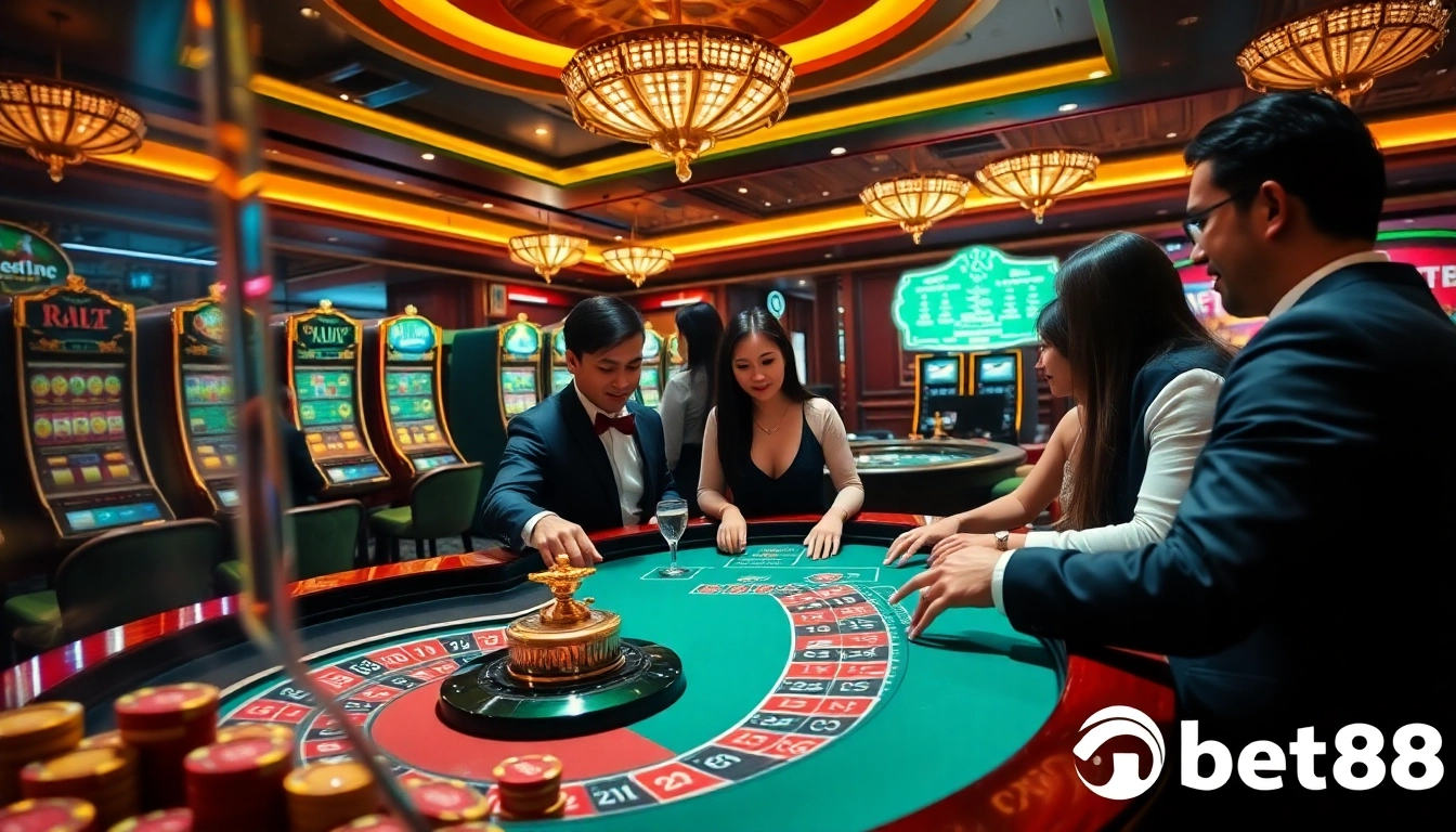 Players enjoying the excitement at nhà cái bet88 casino with roulette, poker chips, and slot machines.