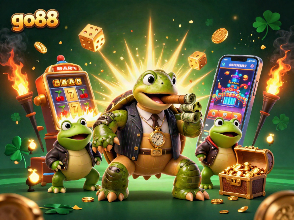 Experience go88 with vibrant casino chaos, featuring a gangster turtle and bullfrog enforcers.