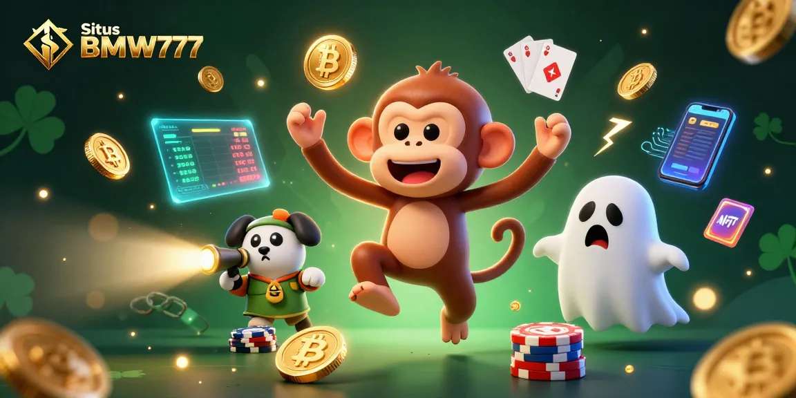 Situs BMW777 showcases a mischievous poltergeist monkey juggling golden tokens in a haunted casino.