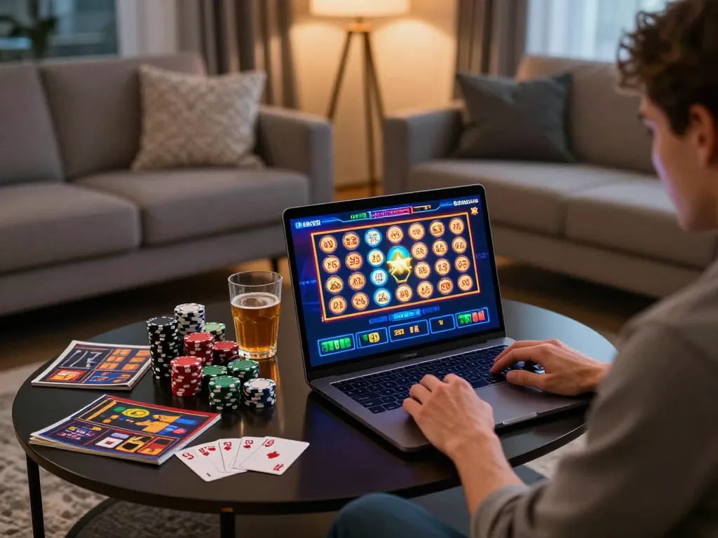 BCX88 player engaging in strategic online casino gaming on a laptop in a cozy living room.