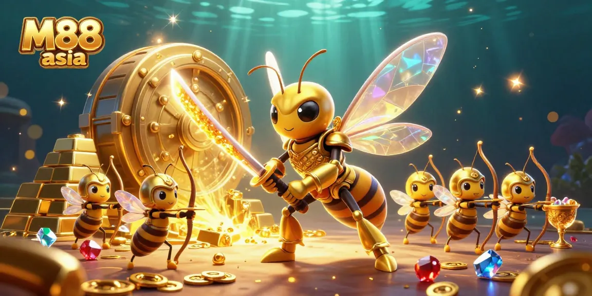 M88 asia showcases immersive online gaming with vibrant 3D art featuring a golden hornet in a dynamic casino scene.