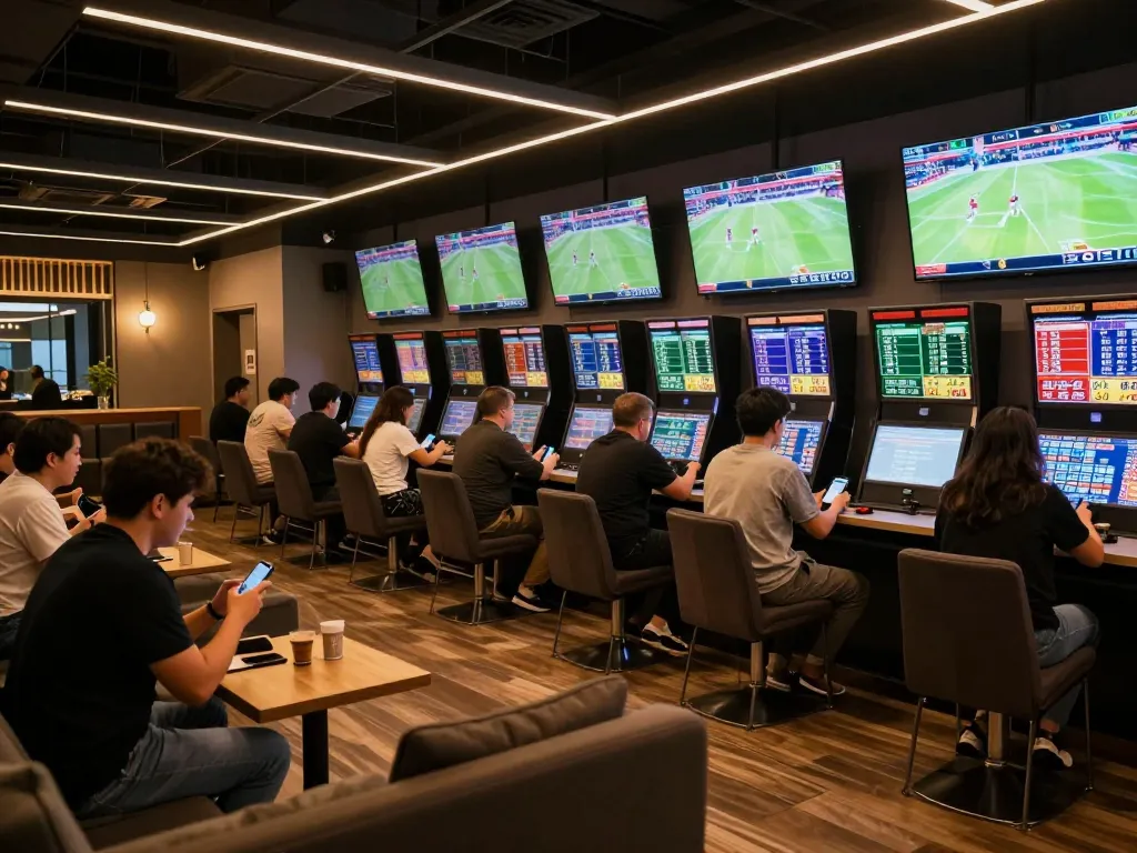 Engaged patrons at gg88 enjoying live sports betting with multiple screens showing exciting matches and dynamic odds.