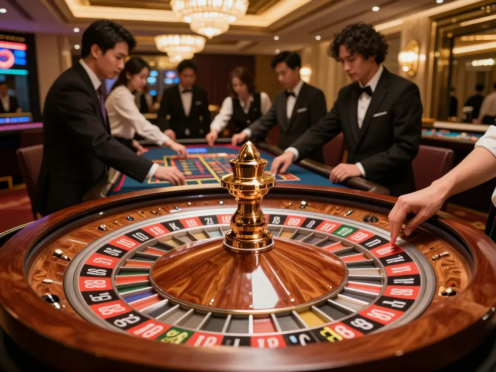 Engaging players placing bets at kp88's premium roulette table in a luxurious casino