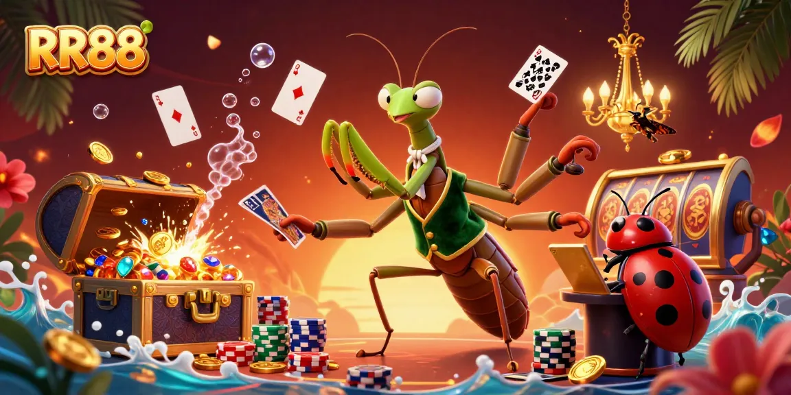 RR88 casino scene with a cartoon mantis card sharp, colorful elements, and energetic gameplay.