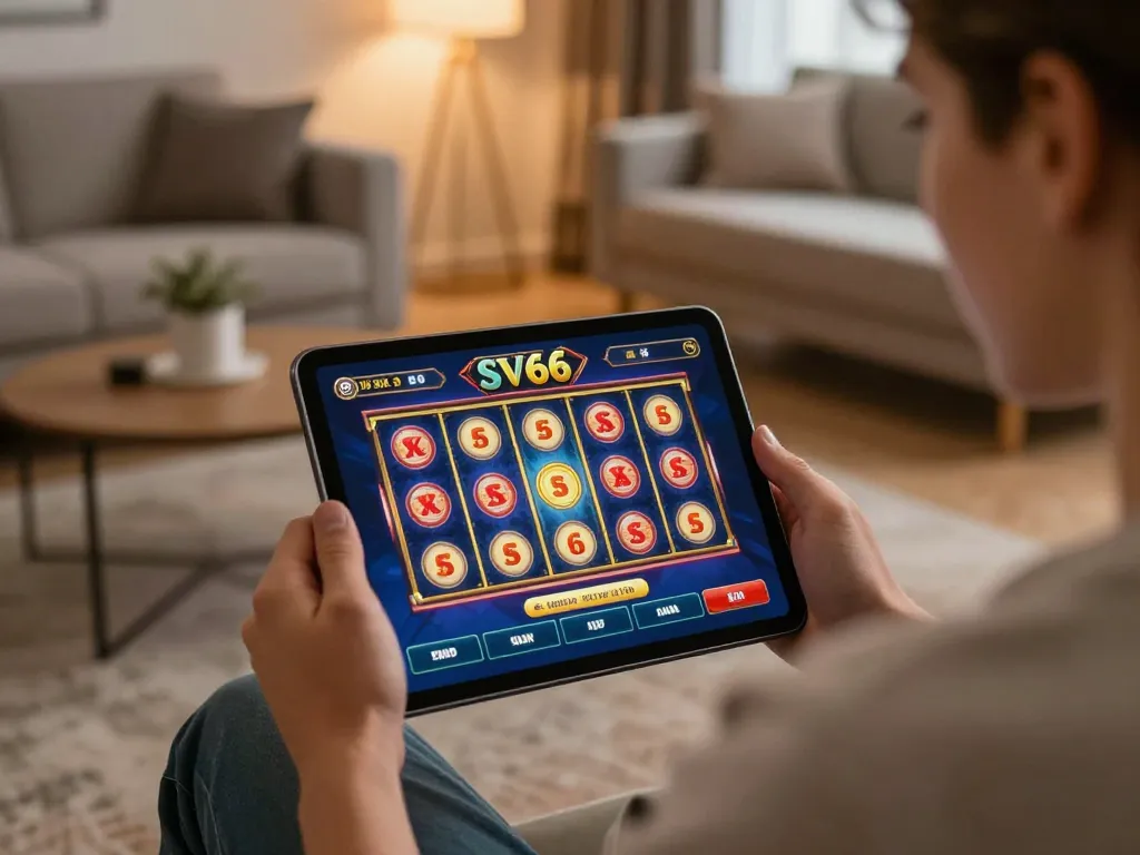 Engaging gameplay on SV66 tablet in a cozy home gaming setting.