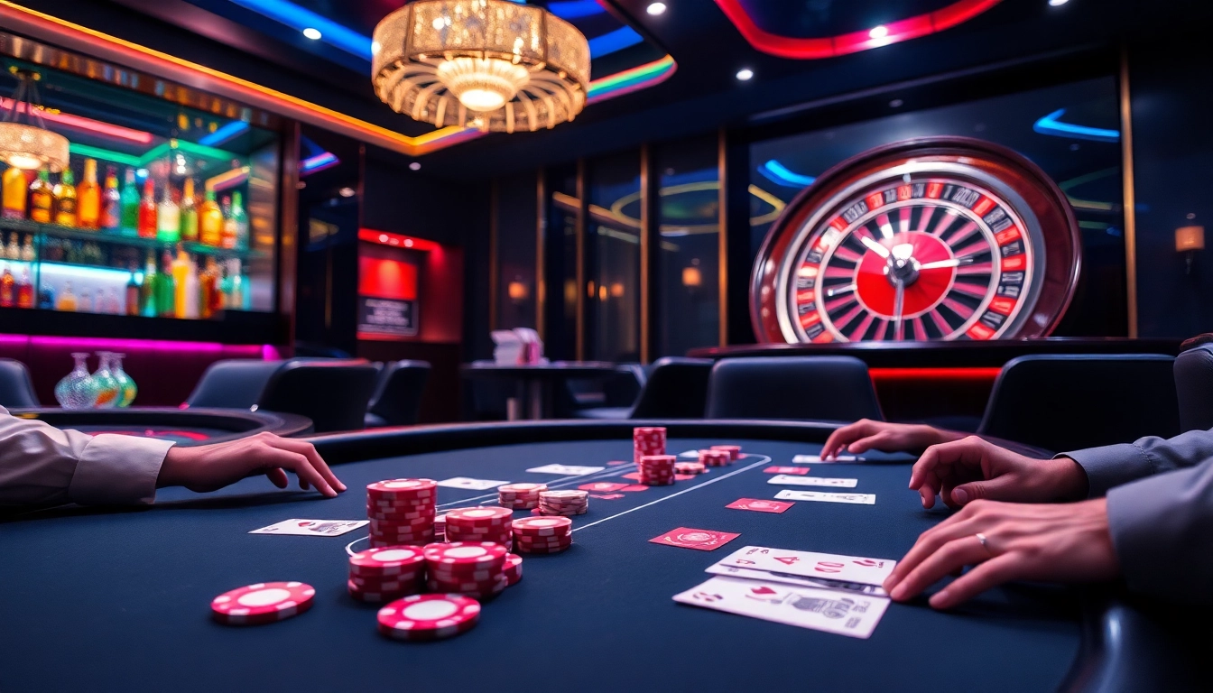 Engaging scene at NK88 casino with thrilling poker action and roulette excitement