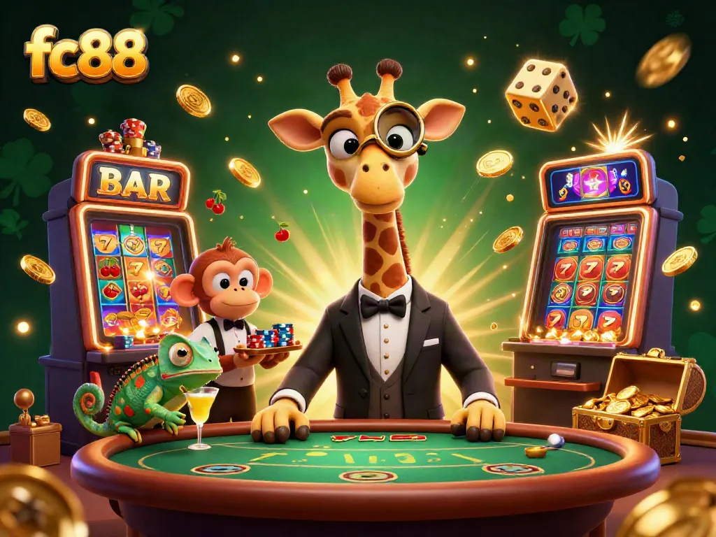 Experience exciting gameplay action at fc88 with a lively casino scene featuring a high-roller giraffe and vibrant slot machines.