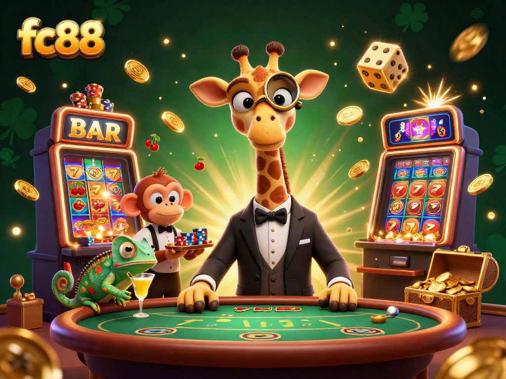 Experience exciting gameplay action at fc88 with a lively casino scene featuring a high-roller giraffe and vibrant slot machines.