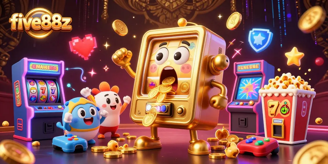 five88z jackpot celebration with golden slot machine and cheering allies surrounded by vibrant games.