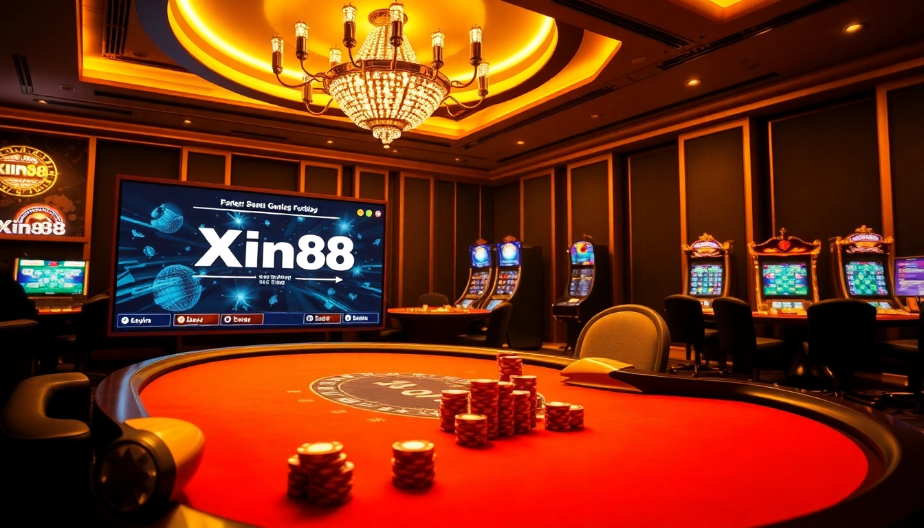 Experience the excitement of Xin88 at a luxurious poker table, surrounded by vibrant casino features.