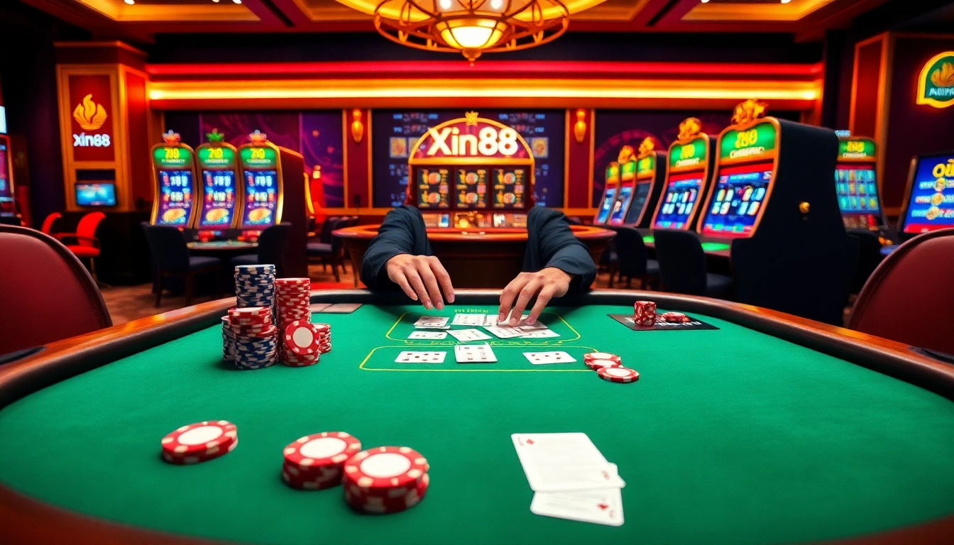 Win big at Xin88 with a vibrant casino atmosphere featuring poker chips and roulette wheels.