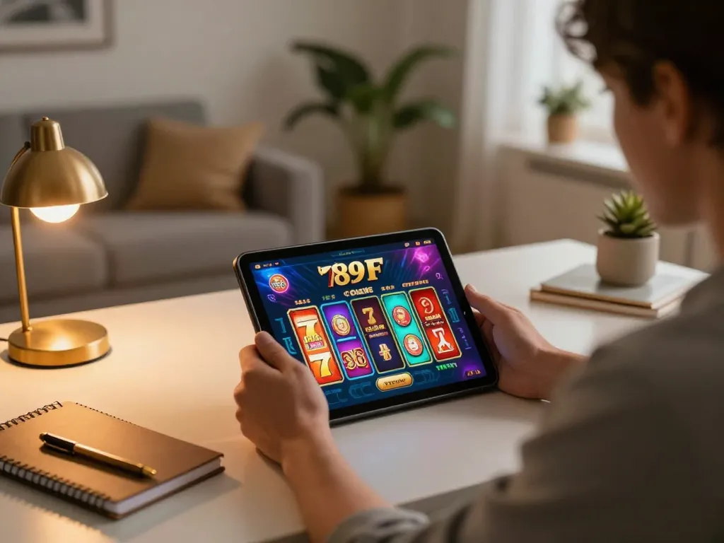 Player engaging in online gaming at 789f đăng nhập using tablet, warm home atmosphere