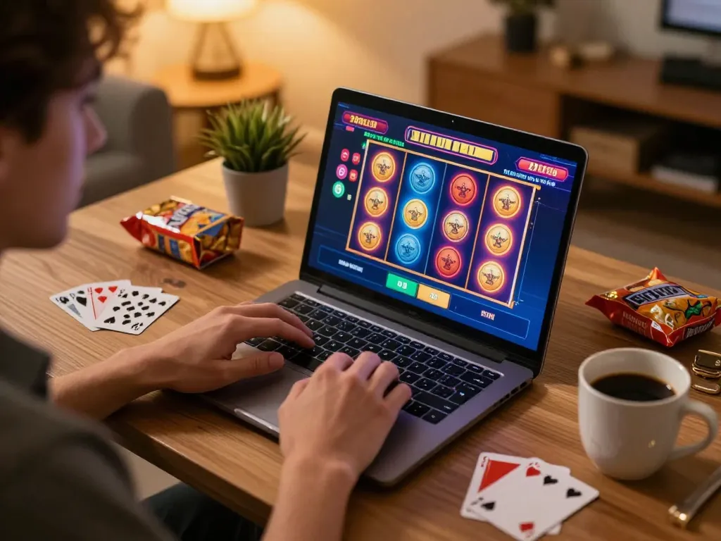 Player enjoying 789club online gaming session on a laptop in a cozy home setup.