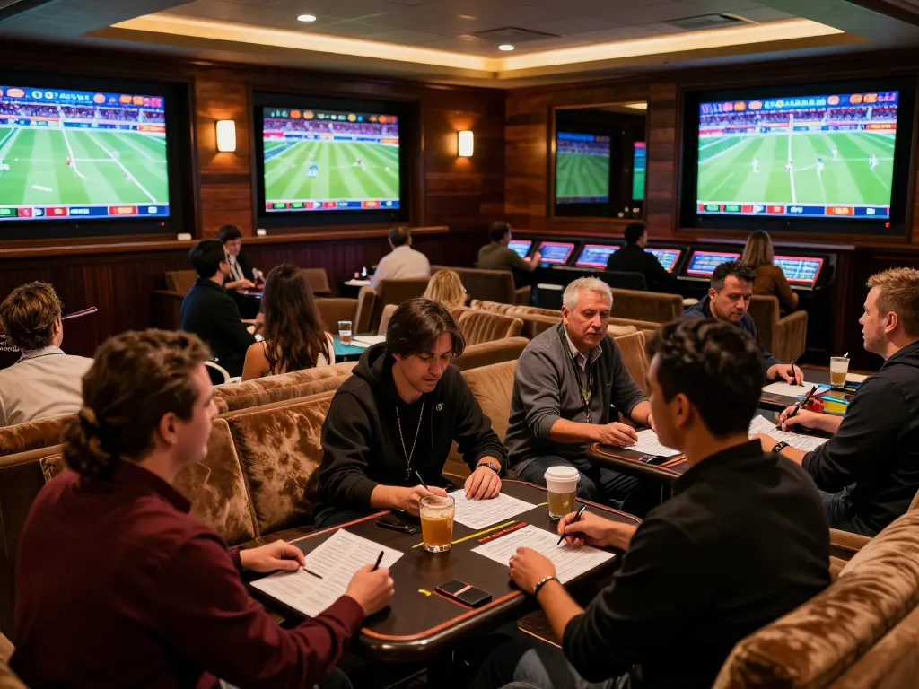 Guests enjoying intense sports betting experience at Liên minh okwin's luxurious lounge with vibrant atmosphere.