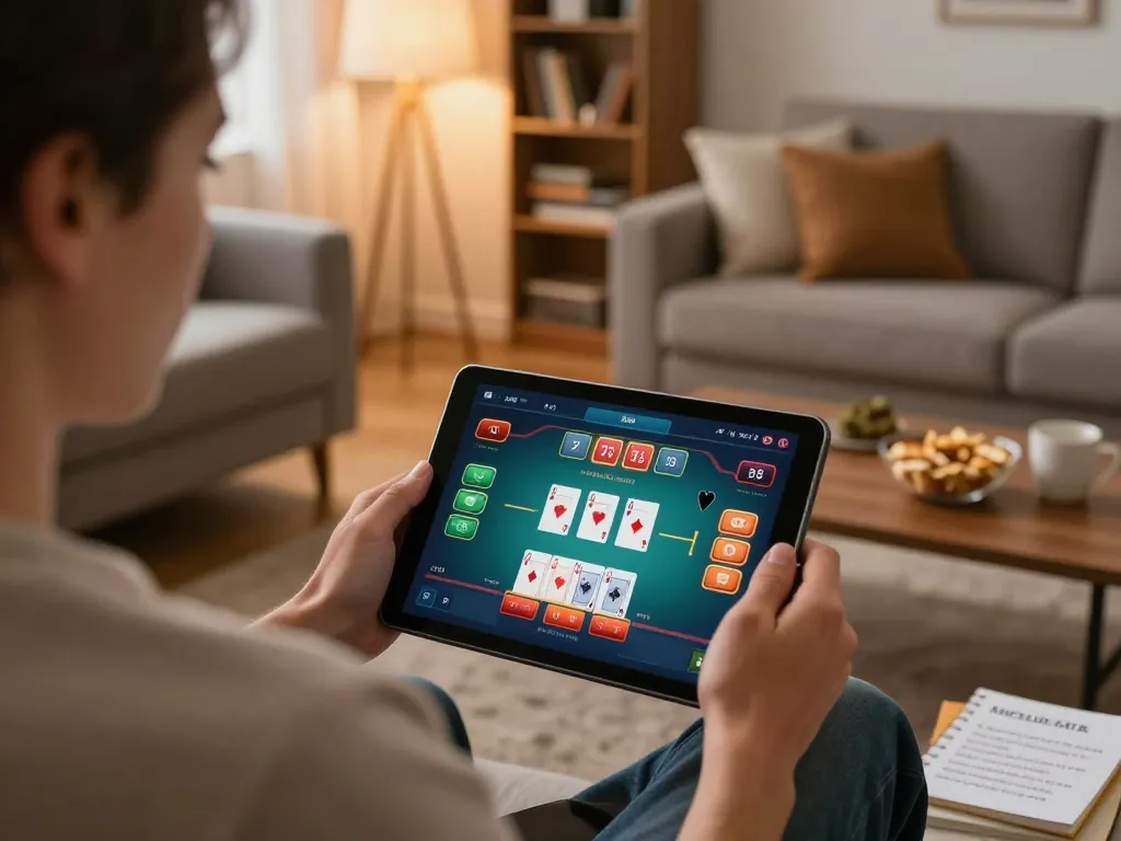 Orang yang merencanakan permainan poker di tablet sambil menikmati perjudian yang bertanggung jawab di rumah dengan oursinado.