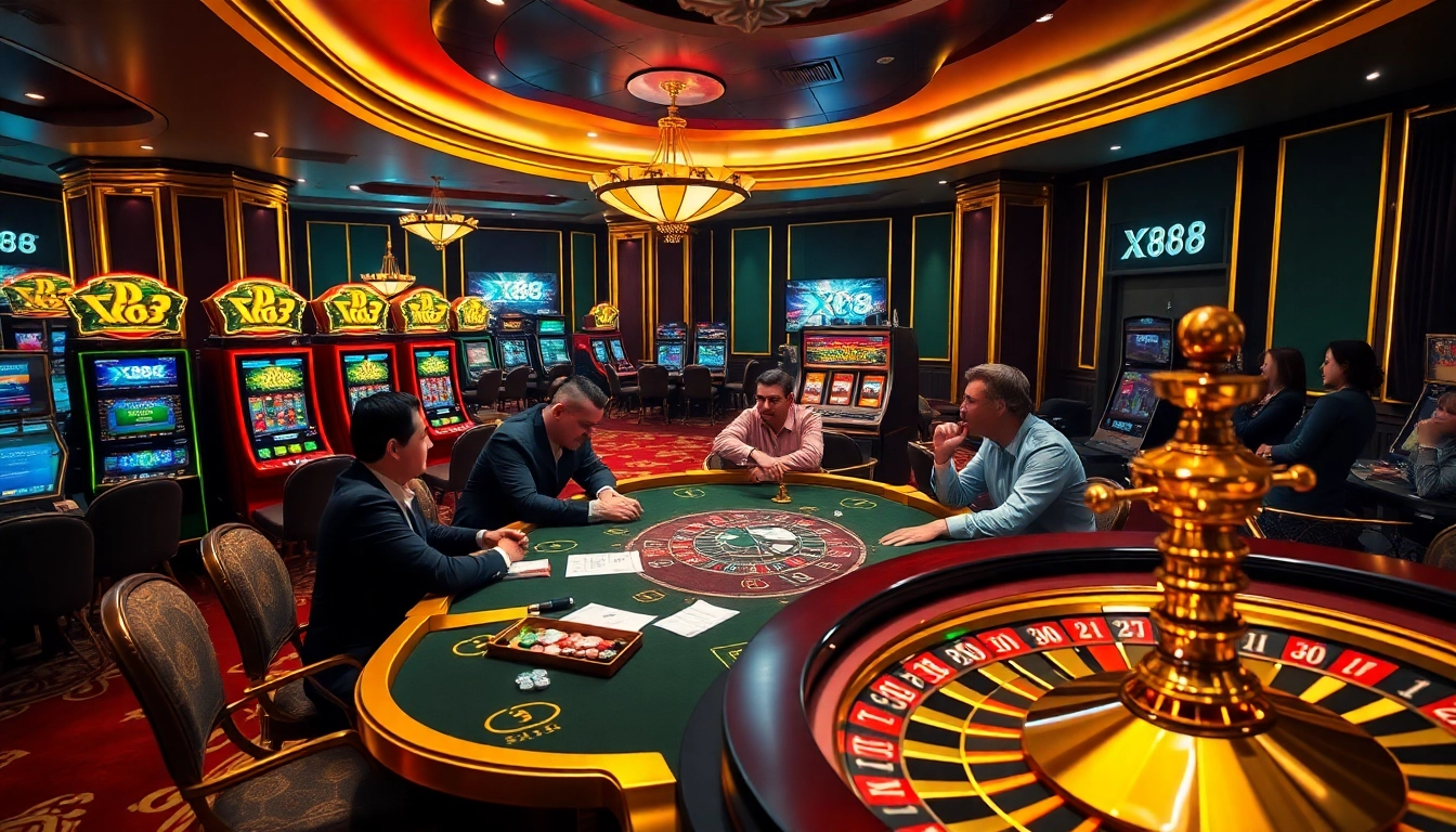 X88 casino vibrant poker game with enthusiastic players celebrating winning bets.