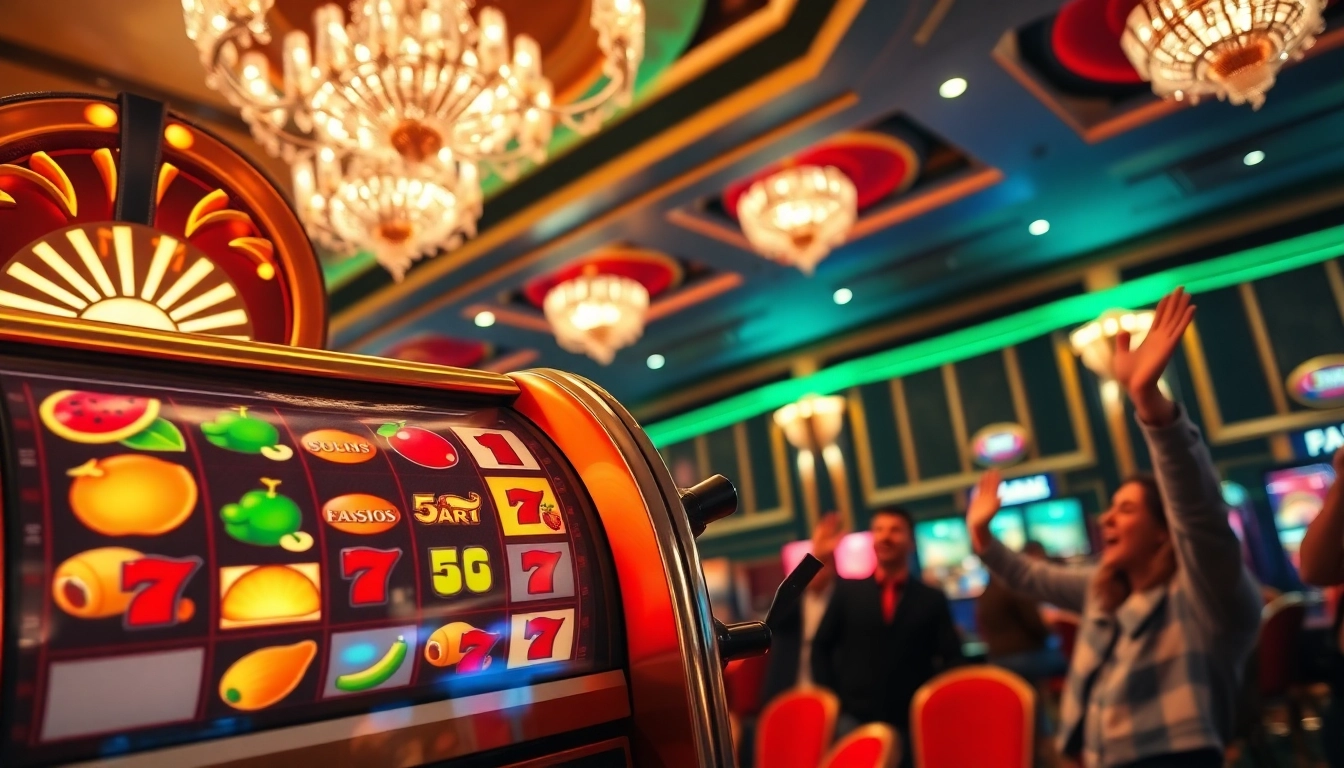 Experience the thrill of Diwa777 at a colorful slot machine with excited players in a lively casino.