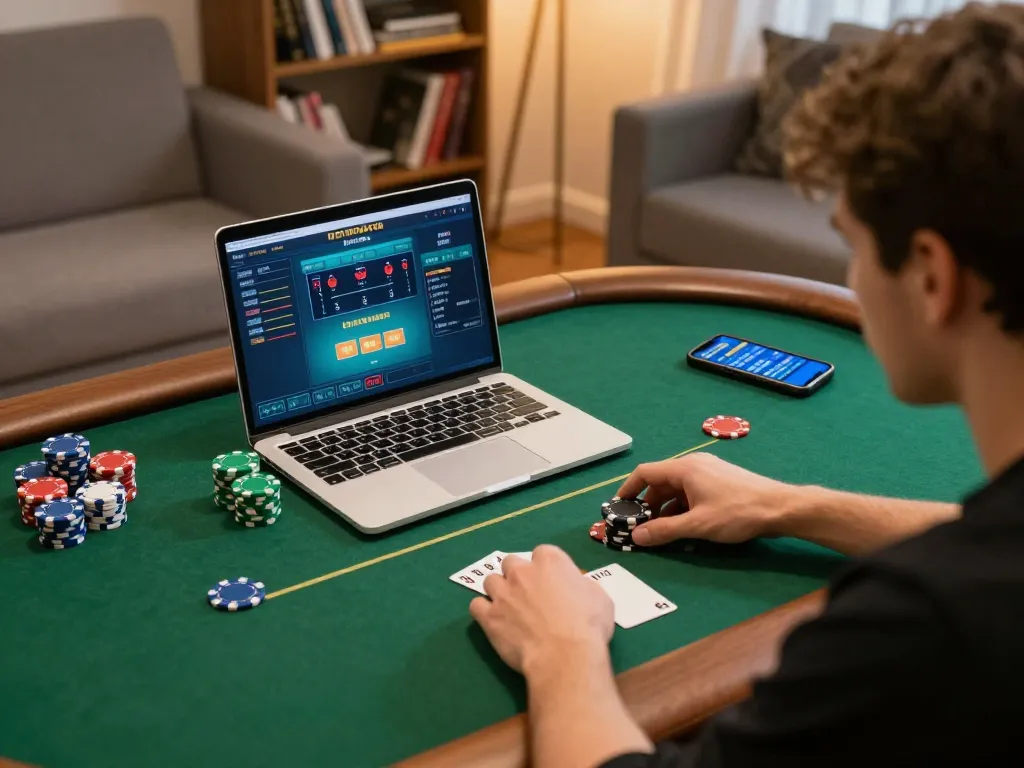 Engaged player at home using 98win for online poker, showcasing strategic gameplay environment.