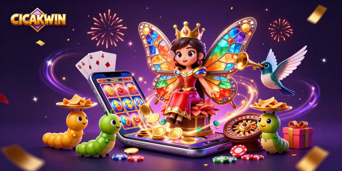 CICAKWIN takes center stage in this dynamic casino scene featuring rich colors, engaging game elements, and vibrant characters.