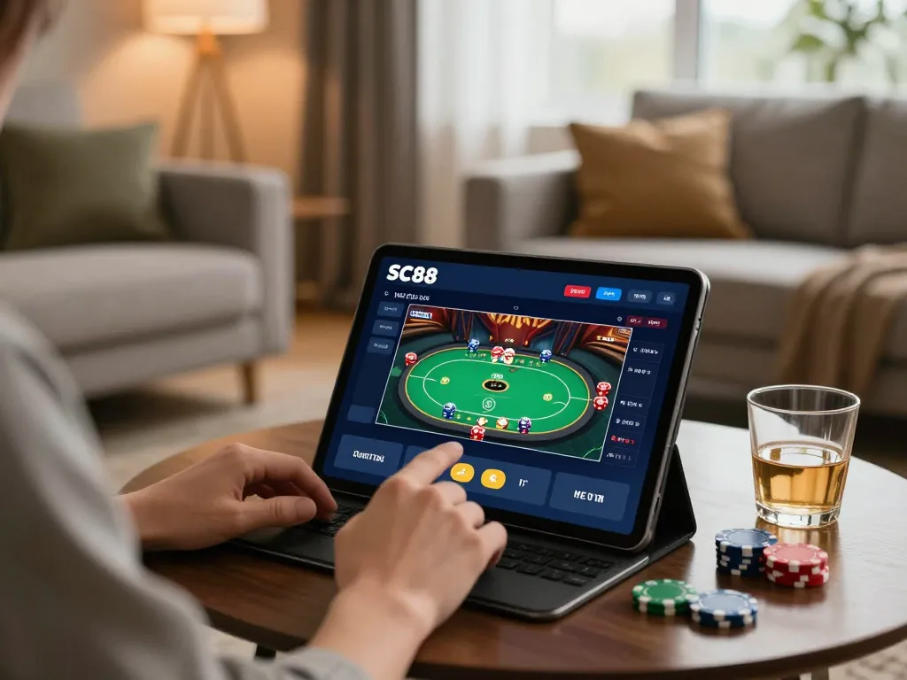 Engaging in online gaming on SC88 app in a cozy home setting with modern decor.