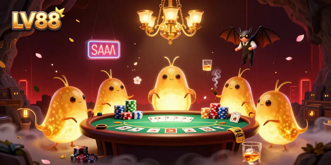 Join the excitement at LV88's vibrant cave casino, showcasing glowing characters and poker action.