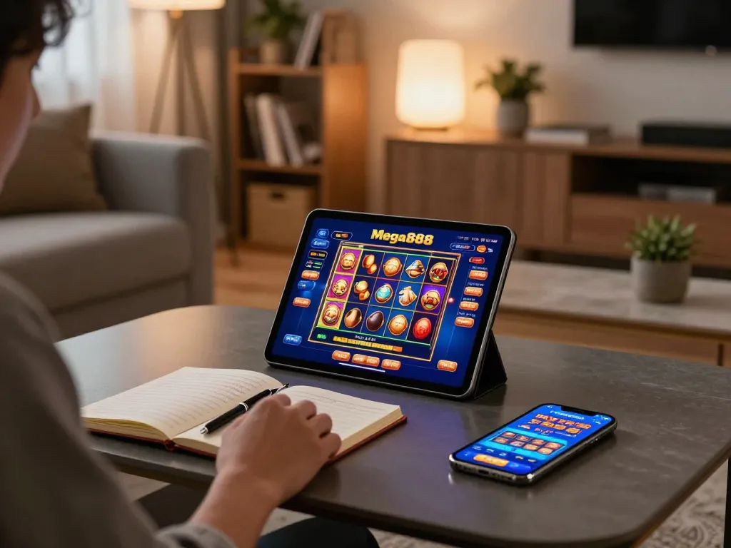 Engaging in online gameplay with mega888 apk on a tablet in a cozy living room setting.