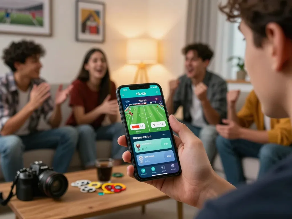 Engaged gambler checking odds on the rik vip app while discussing strategies with friends.