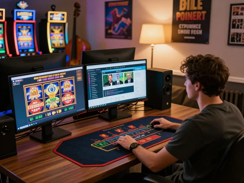 Player strategizing in an online casino setup with mm88 games displayed across multiple screens, emphasizing responsible gaming.