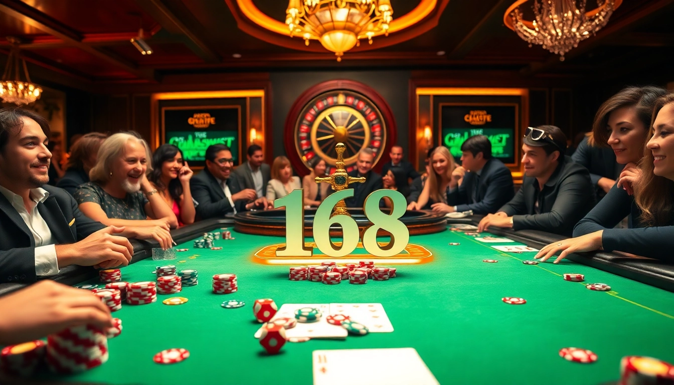 Experience the excitement at C 168's premium gaming table with vibrant poker chips and dice in a luxurious casino setting.