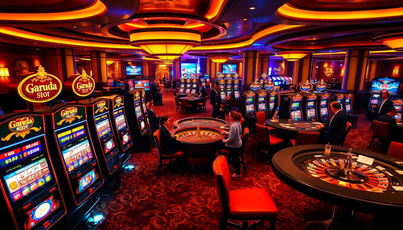 Experience the excitement of garuda slot with illuminated machines and lively casino atmosphere.