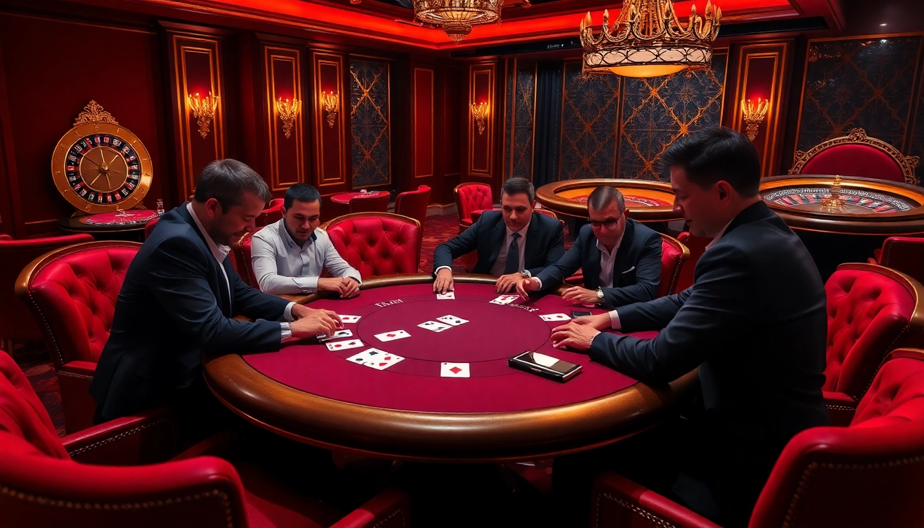 Okking-themed poker players strategizing in a luxurious casino setting.