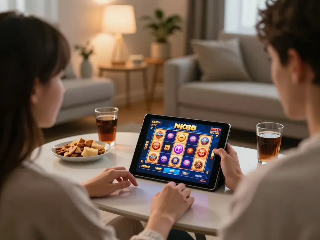 Engaged player enjoying NK88 chính thức slot games on tablet in stylish home setup
